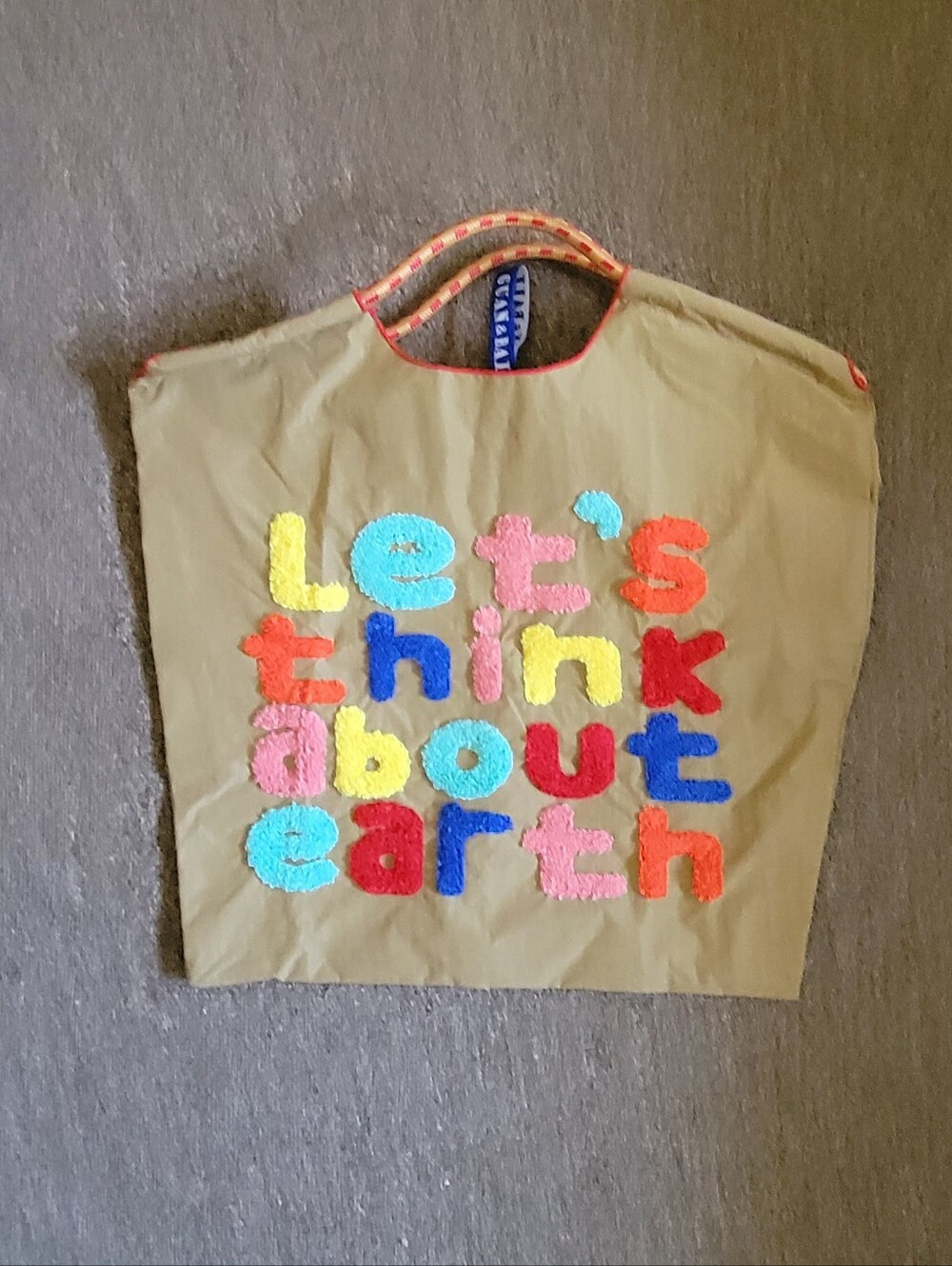 NWOT Guan & Ball Recycled Tote Bag Rainbow on Tan. " Let's Think About Earth"